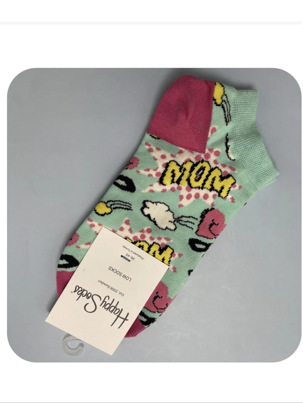 Happy Socks Low Socks - Mint, Pink & Yellow Comic 'MOM' Print